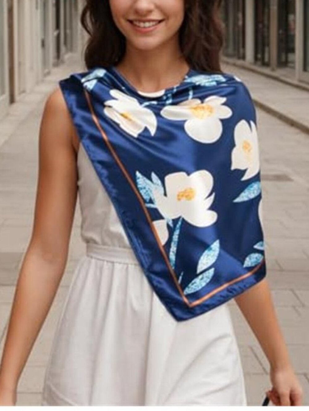 Head Scarf  Like Silk Scarf Hair Scarf Printed Square Scarf Blue Floral Print